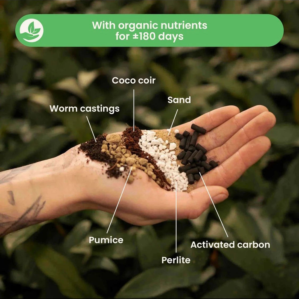 Hand holding a mix of gardening materials with labels and text about organic nutrients.
