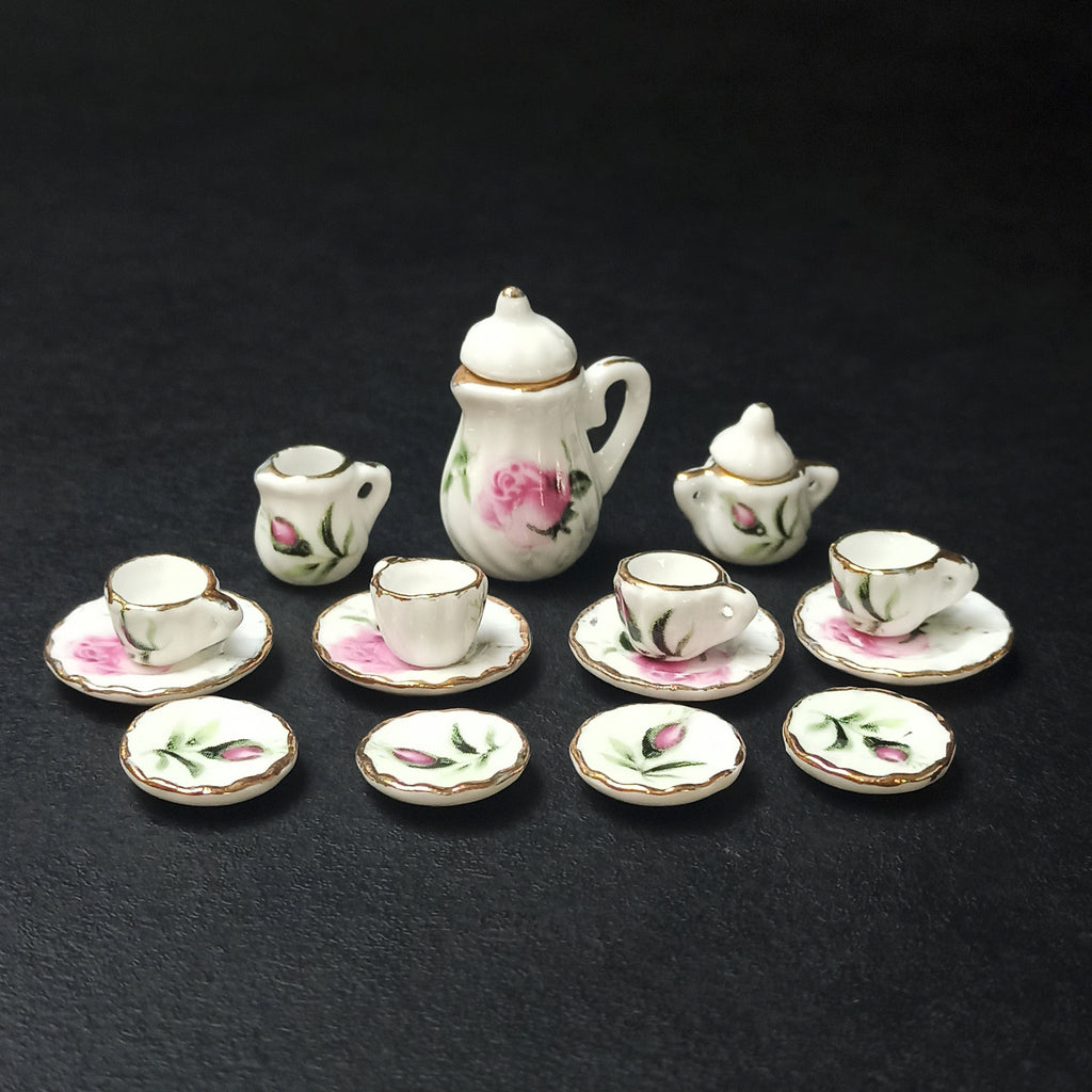 Dollhouse Minijaturni Keramički Set za čaj 1:12 (15kom) - Elegant Zlatna Ruža