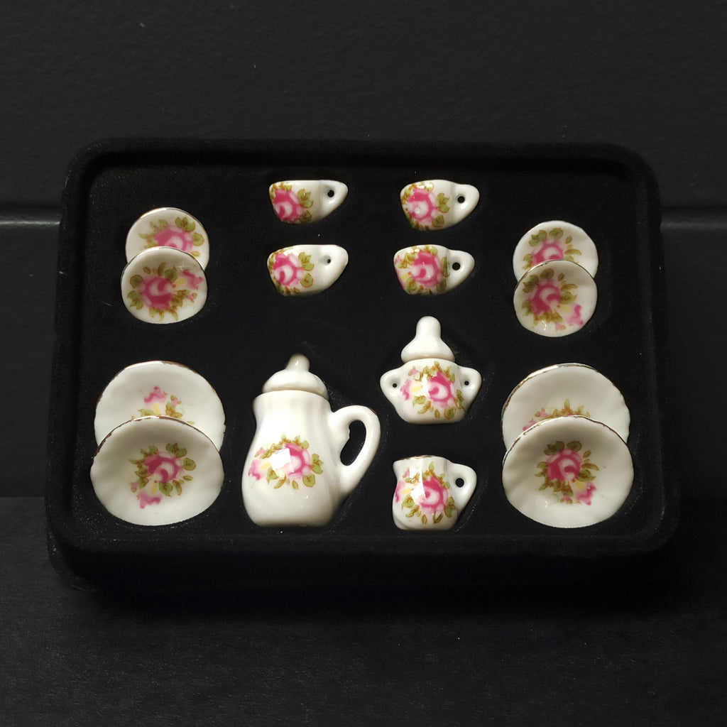 Dollhouse Minijaturni Keramički Set za čaj 1:12 (15kom) - Zlatno Roza Peonija