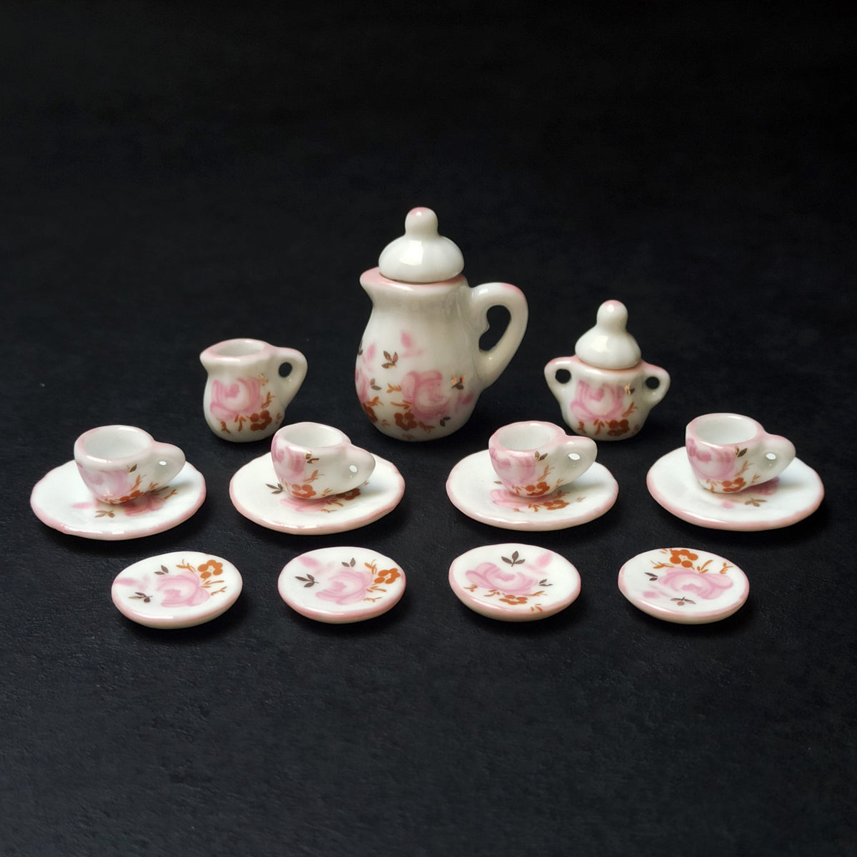 Dollhouse Minijaturni Keramički Set za čaj 1:12 (15kom) - Pastelna Ruža